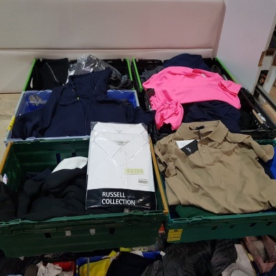 100 + BRAND NEW MIXED WORKWEAR LOT CONTAINING REGATTA ZIP UP FLEECE / / PORTWEST PAINT BIB AND BRACE / TEE JAYS COLLARED SHIRTS / APACHE CORDURA WAIST 32 -LEG 29 WORK PANTS / RUSSEL COLLECTION WHITE SHIRTS / RTC ZIP UP HOODIES - ALL IN VARIOUS COLOURS AN