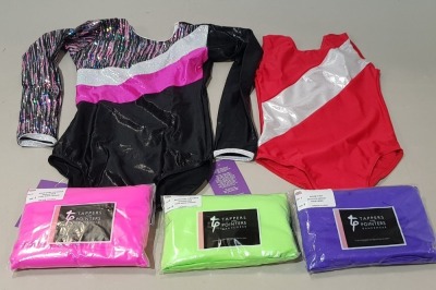 150 + BRAND NEW MIXED TAPPERS AND POINTERS LOT TO INCLUDE KEY HOLE BACK SLEEVELESS LEOTARDS - CROP TOP SLEEVELESS VESTS - SLEEVELESS GYMNASTIC LEOTARDS - LONGSLEEVE GYMNASTIC LEOTARDS ETC ALL IN VARIOUS SIZES