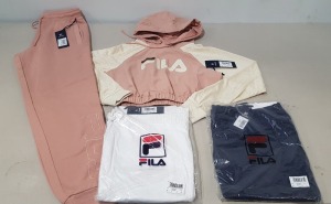 7 X PIECE BRAND NEW MIXED FILA CLOTHING LOT TO INCLUDE 2X FILA MISTROSE JOGGER PANTS IN XS - 3X FILA SINGLE BINDING SPORTS SHORTS IN NAVY AND WHITE SIZES 2XL 3XL - 2 X FILA CROP HOODIES IN MIST ROSE SIZE XS