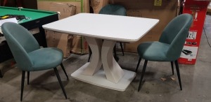 1 X DAVIA EXTENDABLE DINING TABLE 120CMX160CM IN LIGHT GREY - WITH 3 GREEN DINING CHAIRS - PLEASE NOTE CUSTOMER RETURNS
