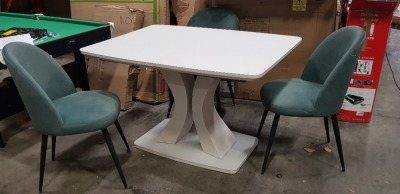 1 X DAVIA EXTENDABLE DINING TABLE 120CMX160CM IN LIGHT GREY - WITH 3 GREEN DINING CHAIRS - PLEASE NOTE CUSTOMER RETURNS