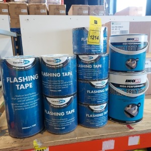 9 PIECE MIXED ROOFING LOT CONTAINING 7 X BRAND NEW ROLLS OF BOND IT BITUBOND RANGE FLASHING TAPE 1 X 300 MM / 2 X 150 MM / 4 X 100 MM - ALL 10 METER LONG ALSO TO INCLUDE 2 X IKO PRO HIGH PERFORMANCE ROOFING FELT ADHEASIVE - 2.5 L AND 5 L