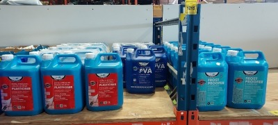 15 X SEALED BOND IT EXTRA STRENGTH LIQUID MORTAR PLASTICIER - 5L TUB 8 X SEALED BOND IT FROST PROOFER AND HARDENER - 5L TUB 6 X SEALED BOND IT INTEGRAL WATER RESISTAND PLASTICISER - 5L TUB 9 X SEALED BOND IT CONYTRACTORS GRAD3E OVA GLUE - 5 L TUB ( PLEA