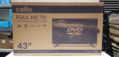 1 X BOXED CELLO 43 INCH FULL HD TV WITH BUILT IN DVD PLAYER - SNCB772400495 - (PLEASE NOTE REFURBISHED GRADE A)
