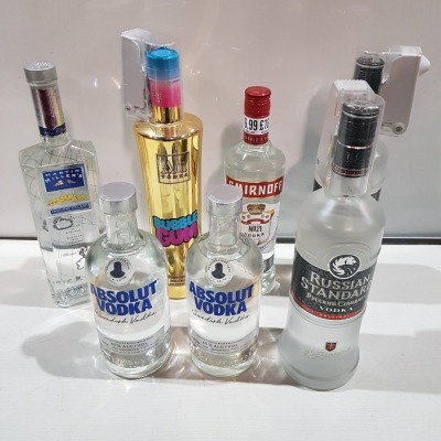 7 X PIECE BRAND NEW MIXED ALCOHOL LOT TO INCLUDE 2X RUSSIAN STANDARD VODKA 100CL -2X ABSOLUT VODKA 70ML - 1X SMIRNOFF VODKA 700ML - 1X AU BUBBLEGUM VODKA 70CL - 1X MARTIN MILLERS GIN 70CL - (PLEASE NOTE SECURITY TAGS STILL ON 3)