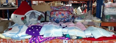 FULL 2 SHELFS BRAND NEW MIXED LOT CONTAINING DRESSED DOLLS IN VARIOUS SIZES - VARIOUS KNITTED BABY CLOTHING - WOOL IN VARIOUS COLOURS AND SIZES - VARIOUS BAGS - BASKET - BLANKETS - WOODEN BABY ROCKER ETC (SEE BOTH IMAGES)