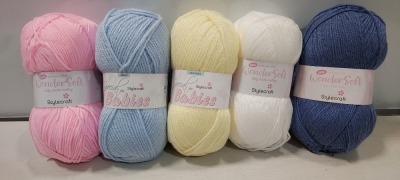 104 X BRAND NEW STYLE CRAFT KNITTING YARNS IN VARIOUS COLOURS TO INCLUDE BABY LEMON - WHITE - BABY CREAM - BABY BLUE - PINK - BLUE IN SIZES 184M - 136M - IN 1 BAG