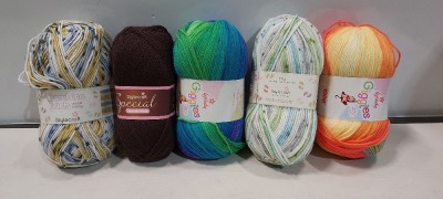 107 X BRAND NEW STYLE CRAFT KNITTING YARNS IN VARIOUS COLOURS TO INCLUDE DARK BROWN - WHITE - SKITTLES - SKIPPING ROPE - RAINBOW ETC IN SIZES 295M - 175M