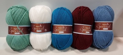 106 X BRAND NEW STYLE CRAFT KNITTING YARNS IN VARIOUS COLOURS TO INCLUDE DENIM - BURGUNDY - EMPIRE BLUE - WHITE - CREAM - GREEN - ETC IN SIZE 144M