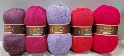 108 X BRAND NEW STYLE CRAFT KNITTING YARNS IN VARIOUS COLOURS TO INCLUDE FUSCHIA PURPLE - WISTERIA - RED - PINK - LIGHT PINK - DARK PURPLE ETC IN SIZE 295M