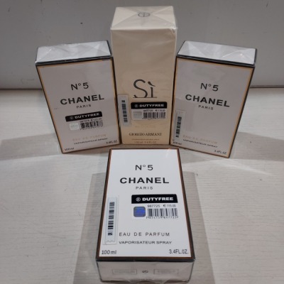4 X BRAND NEW MIXED PERFUMES TO INCLUDE 3X CHANEL PARIS NO 5 EAU DE PARFUM 100ML - 1X GEORGIO ARMANI EAU DE PARFUM 100ML