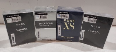 4 X BRAND NEW MIXED PERFUMES TO INCLUDE 2X BLEU DE CHANEL PARIS 100ML -1X VIKTOR & ROLF SPICEBOMB 90ML - 1X PACO RABANNE PURE XS 100ML