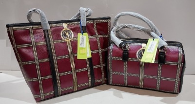 2 X BRAND NEW MIXED VERSACE BAG LOT TO INCLUDE 1X VERSACE JEANS PRINTED BAG IN WINE (E1VMBBV1) SIZE 40X30CM - 1X VERSACE JEANS PRINTED BOX BAG IN WINE COLOUR - (E1VMBBV6) SIZE 30X25CM (CLG CODE AUTHENTICATED)