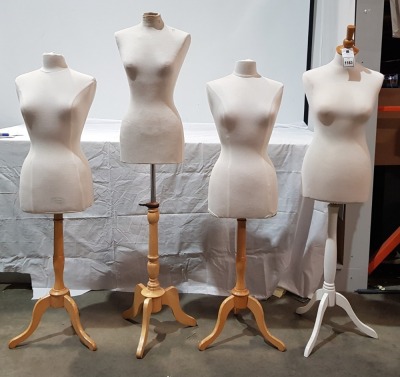 4 X FEMALE MANNEQUINS WITH EXTENDABLE STANDS MIN 147CM MAX 158CM