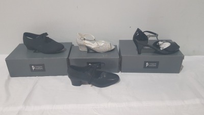 33 X BRAND NEW MIXED PAIRS OF TAPPERS AND POINTERS DANCE FOOTWEAR LOT CONTAINING BLACK PU SIZE 7L IN BLACK , BLACK PATENT IN SIZE 5.5 IN BLACK/CHRYSTAL , SILVER PU IN SIZE 6.5 , BLACK LEATHER IN SIZE 2 , SILVER HOLOGRAM 1.5'' HEEL IN SIZE 12 , BLACK CANVA