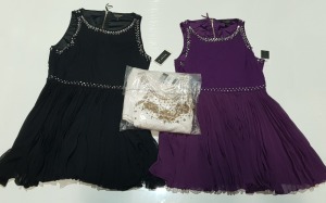 10 X PIECE BRAND NEW MIXED JUICY COUTURE CLOTHING LOT TO INCLUDE - 7 X WHITE TEXTURED JACQUARD EMBELLISHED DRESSES - 2X BLACK CHERRY EMB MIXED FABRIC DRESS - 1X PITCH BLACK EMB MIXED FABRIC DRESS ALL IN VARIOUS SIZES