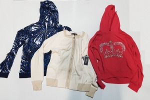 10 X PIECE BRAND NEW MIXED JUICY COUTURE CLOTHING LOT TO INCLUDE JUNGLE CAT TRACK JACKET - PALM CARDIGAN - KNITTED JUMPERS - HEATHER RED PULLOVER ETC ALL IN VARIOUS SIZES