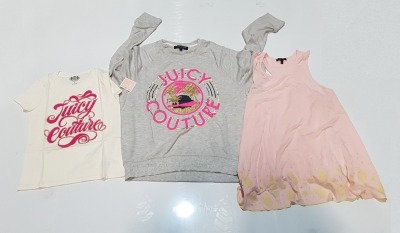 10 X PIECE BRAND NEW MIXED JUICY COUTURE CLOTHING LOT TO INCLUDE POWDER PINK TOP - FANCY SCRIPT TEE - PYJAMA TOP - JUICY GREY JUMPER - ETC ALL IN VARIOUS SIZES