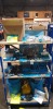 150 X PIECE BRAND NEW MIXED OX TOOL LOT TO INCLUDE KNIFE BLADES - 23CM SPIRIT LEVELS - HI VIS'S - SAFETY GOGGLES - KNEE PADS - HI VIS BUILDERS LINE - SCUTCH COMBS - SAFETY GLOVES - HARD HATS - PLASTIC BINS ETC ON 4 SHELVES