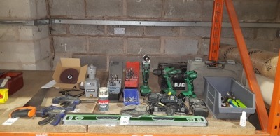 50 + PIECE MIXED TOOL LOT TO INCLUDE HI KOKI IMPACT DRIVER - HI KOKI COMBI DRILL - HI KOKI ANGLE DRILL - IRWIN QUICK GRIPS - VARIOUS SIZED DRILL BITS - TITAN DRILL BIT SHARPENER - SPIRIT LEVEL - HITACHI CHARGERS AND BATTERIES ETC