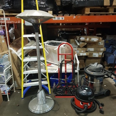 6 X PIECE MIXED LOT TO INCLUDE 1 X WERNER 5 STEP LADDERS - 1 X TITAN INDUSTROIAL HOOVER - 1X HENRY HOOVER - 1X HEAT LAMP - 2X SACK TRUCKS