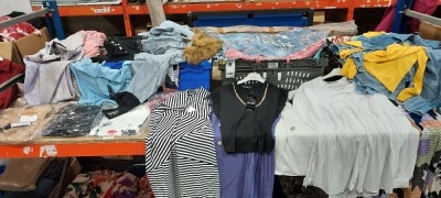 FULL SHELF OF MIXED BRAND NEW CLOTHING LOT CONTAINING , BIG DART - SHORT SLEEVELESS TOP WITH CHAIN IN BLACK AND BLUE SIZE UK 14 , ZEZE NORDIC - SHORT DRESS IN ZEBRA DESIGN , TRENDYOL - LONG TROUSERS IN LIGHT BROWN AND SIZE UK 6 , AEVIS - JACKET IN BLUE AN