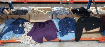 LARGE AMOUNTS OF BRAND NEW MIXED CLOTHING LOT CONTAINING BEBE - GIRLS JACKET IN BLACK SIZE MEDIUM, SMALL AND LARGE , YAKE - LONG FLORAL DRESS IN SIZE 36 , BEBE - LONG SLIM DRESS IN GREY/WHITE IN SIZE SMALL , MEDIUM , LARGE , FASHIONLIGHT - PURPLE BLAZER I