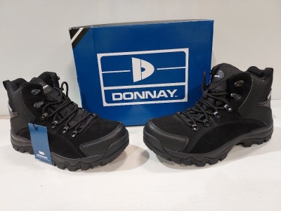 25 X BRAND NEW DONNAY SUEDE HI SN99 BOOTS IN BLACK AND 23 IN SIZE 7 AND 2 IN SIZE 8 , ( PLEASE NOTE - WE HAVE SOME MINOR MANUFACTURING IMPERFECTIONS ON EXAMINATION SEE SUPPLEMENTARY IMAGE AND BID ACCORDINGLY)