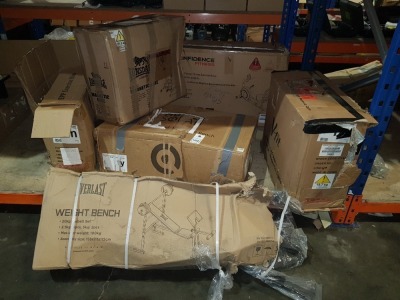 6 X PIECE MIXED LOT CONTAINING 1 X CONFIDENCE FITNESS MAGNETIC RECUMBENT EXERCISE BIKE / LONSDALE LD440 MAGNETIC EXERCISE BIKE / MUSCLE SQUAD BARBELL BENCH / 2 X V-FIT FMTC3 FOLDABLE UPRIGHT MAGNETIC CYCLE EXERCISE BIKE ,1X EVERLAST WEIGHT BENCH WITH 20