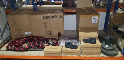 85 X MIXED LOT CONTAINING 75 ADIDAS WATER BOTTLES , ONE REEBOK A4.0 CROSS FIT EXERCISE BIKE IN SILVER ( NOTE BOX SLIGHTLY DAMAGED) 2 X LONSDALE 12M BATTLE ROPE , 1 WEIGHT BAR , 1 X 5MM POWER ST BOOTS IN SIZE EU 38 ON A FULL BAY