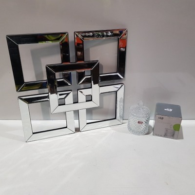 81 X MIXED LOT CONTAINING 8 SQUARES MIRROR WALL ART SIZE 40X40CM AND BRAND NEW DELI GLASSWARE - SMALL CUT GLASS JARS IN TWO BOXES