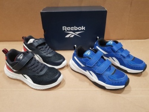 20 X BRAND NEW MIXED REEBOK KIDS TRAINERS IN VARIOUS STYLES IE: 16 X RUSH RUNNER 3 ALT NIGHT IN NAVY/RED AND WHITE IN SIZE USA 1 , 4 XT SPRINTER SHOES VECTO IN BLUE/WHITE IN SIZE USA 1