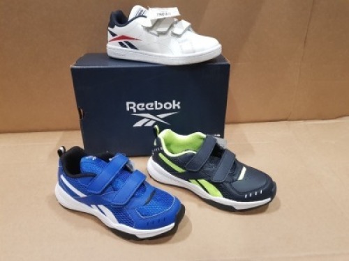 20 X BRAND NEW MIXED REEBOK KIDS TRAINERS IN VARIOUS STYLE 8 X ROYAL COMPLETE IN WHITE/RED AND NAVY IN SIZE USA 1 , 3 X RUSH RUNNER 3 ALT COLD IN GREY/RED AND NAVY IN SIZE USA 1.5 , 3 X T SPRINTER SHOES VECTO IN BLUE AND WHITE IN USA 1 , 1 X RUSH RUNNER