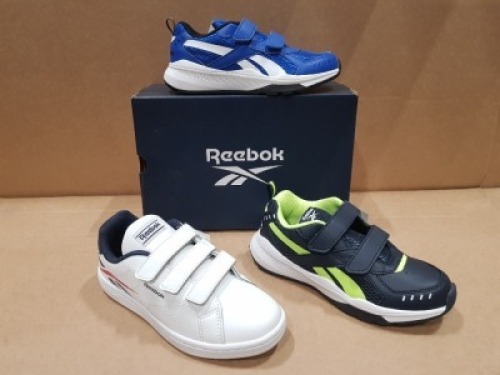 20 X BRAND NEW MIXED REEBOK KIDS TRAINERS IN VARIOUS STYLES IE: 7 X ROYAL COMPLETE IN WHITE/NAVY I SIZE IN SIZE USA 1.5 , 7 XT SPRINTER SHOES IN BLUE/WHITE IN SIZE USA 2 , 3 X SPRINTER ALT IN GREEN/NAVY IN SIZE USA 1.5 , 1 XT SPRINTER ALT IN GREEN/WHITE 