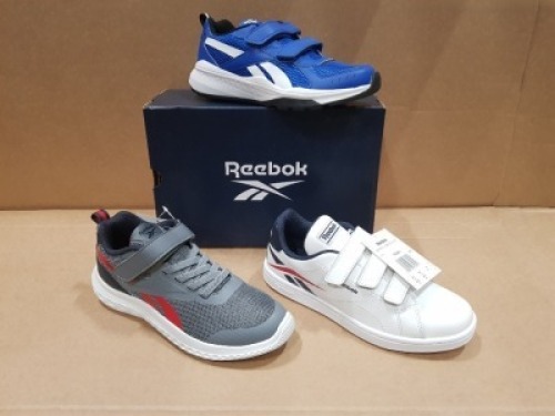 20 X BRAND NEW MIXED REEBOK KIDS TRAINERS IN VARIOUS STYLES IE: 6 X RUSH RUNNER 3 ALT COLD IN GREY/RED AND NAVY IN SIZE USA 2.5 , 4 X RUSH RUNNER 3 ALT NIGHT IN NAVY/WHITE AND RED IN SIZE USA 2.5 , 3 X ROYAL COMPLETE CLN IN WHITE/NAVY AND RED IN SIZE U