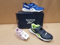 20 X BRAND NEW MIXED REEBOK KIDS TRAINERS IN VARIOUS STYLES IE: 9 X T SPRINTER SHOES VECTO IN BLUE/WHITE IN SIZE USA 3 , 4 X T SPRINTER ALT SH COLL IN NAVY/GREEN IN SIZE USA 3 , 3 X ROYAL CLASSIC JOGG IN PINK IN SIZE USA 4 , 2 X RUSH RUNNER 3 SHOE IN WHI