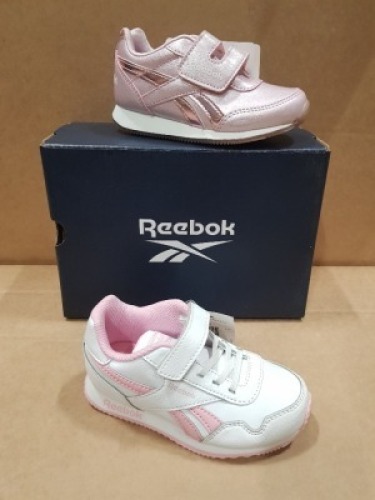 20 X BRAND NEW MIXED REEBOK KIDS TRAINERS IN VARIOUS STYLES IE: 8 X ROYAL CLASSIC JOGG CLASS IN PINK IN SIZE USA 8 , 7 X ROYAL CLASSIC JOGG CLASS IN PINK IN SIZE USA 8.5 , 3 X ROYAL CLASSIC JOGG WHITE IN WHITE AND PINK IN SIZE USA 8.5 , 1 X ROYAL CLASSI