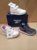 20 X BRAND NEW MIXED REEBOK KIDS TRAINERS IN VARIOUS STYLES IE: 6 X ROYAL CLASSIC JOGG COLI IN NAVY/RED AND GREY IN SIZE USA 9 , 4 X ROYAL CLASSIC JOGG CLASS IN PINK IN SIZE USA 10 , 3 X ROYAL CLASSIC JOGG COLI IN NAVY/RED AND GREY IN SIZE USA 10 , 2 X