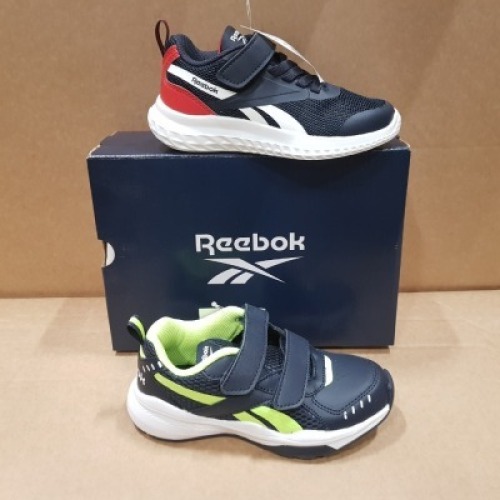 20 X BRAND NEW MIXED REEBOK KIDS TRAINERS IN VARIOUS STYLES IE: 10 X RUSH RUNNER 3 ALT NIGHT IN NAVY/RED AND WHITE IN SIZE USA 10.5 , 7 XT SPRINTER ALT SH COLI NAVY AND GREEN IN SIZE USA 11 , 2 X RUSH RUNNER 3 ALT COLD IN GREY/NAVY AND RED IN SIZE USA 11