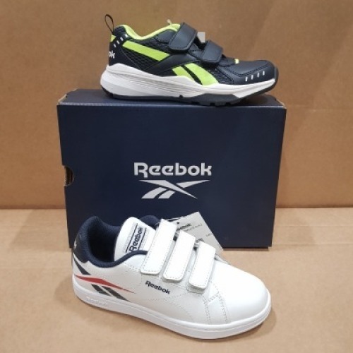 20 X BRAND NEW MIXED REEBOK KIDS TRAINERS ALL IN SIZE 12 IN VARIOUS STYLES IE: 11 XT SPRINTER ALT SH COLL IN NAVY AND GREEN , 4 X RUSH RUNNER 3 ALT NIGHT IN NAVY/RED AND WHITE , 4 X ROYAL COMPLETE CLN WHITE IN WHITE/NAVY AND RED , 1 X RUSH RUNNER 3 ALT 
