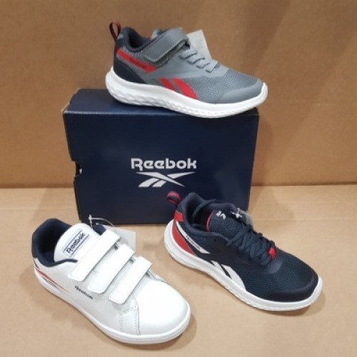 20 X BRAND NEW MIXED REEBOK KIDS TRAINERS CONTAINING 14 X RUSH RUNNER 3 ALT COLD IN GREY/NAVY AND RED , 5 X ROYAL COMPLETE CLN WHITE IN WHITE/RED AND NAVY AND 1 X RUSH RUNNER 3 SHOE NIGHT IN NAVY/RED AND WHITE ALL IN SIZE USA 13
