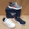 20 X BRAND NEW MIXED REEBOK KIDS TRAINERS CONTAINING 14 X RUSH RUNNER 3 ALT COLD IN GREY/NAVY AND RED , 5 X ROYAL COMPLETE CLN WHITE IN WHITE/RED AND NAVY AND 1 X RUSH RUNNER 3 SHOE NIGHT IN NAVY/RED AND WHITE ALL IN SIZE USA 13