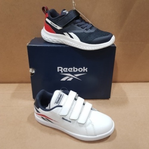 20 X BRAND NEW MIXED REEBOK KIDS TRAINERS 10 X ROYAL COMPLETE CLN IN WHITE/NAVY AND RED IN SIZE USA 13 , 5 X RUSH RUNNER 3 ALT COLD IN GREY/RED AND NAVY IN SIZE USA 13 , 2 RUSH RUNNER 3 ALT NIGHT IN BLUE/WHITE AND RED IN SIZE USA 13 AND 3 X ROYAL COMPLE