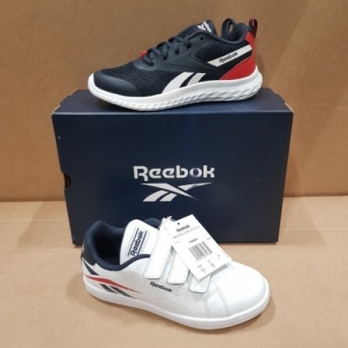 13 X BRAND NEW MIXED REEBOK KIDS TRAINERS CONTAINING 12 X RUSH RUNNER 3 SHOES NIGHT IN NAVY/RED AND WHITE , 1 X ROYAL COMPLETE IN WHITE/RED AND NAVY ALL IN SIZE USA 13.5