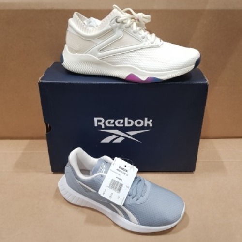 19 X BRAND NEW MIXED REEBOK WOMENS TRAINERS LOT CONTAINING 6 X LITE 2 TRAINERS IN METEOR GREY IN SIZE USA 6 , 13 HIT TRAINERS IN CHALK/ALABAST IN MIXED SIZES IE 4 X SIZE USA 6.5 , 3 X SIZE USA 8.5 , 2 X SIZE USA 8 , 1X SIZE USA 7 , 1 X SIZE USA 7.5 , 