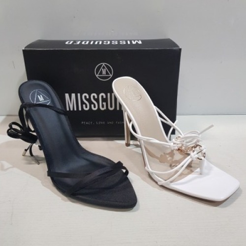 15 X MIXED MISSGUIDED WOMENS SHOES CONTAINING STRAPPY RING DETAIL HEELED SANDAL IN WHITE , BLOCK HEEL TIE UP HEELED SANDAL IN BLACK , SQUARE TOE PATENT HEELED SANDAL IN BLACK , WF SATIN POINTED LACE UP BARELY THERE ETC IN BLACK ALL IN SIZE 8 (NOTE - SOME 