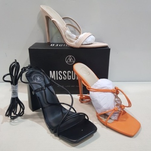 15 X MIXED MISSGUIDED WOMENS SHOES CONTAINING SQUARE TOE PATENT HEELED SANDAL IN BLACK , POINTED TOE PATENT BARELY THERE IN NUDE , STRAPPY RING DETAIL HEELED SANDAL IN ORANGE , BLOCK HEEL TIE UP HEELED SANDAL IN BLACK ETC ALL IN SIZE 8 (NOTE - SOME HAVE S