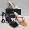 15 X MIXED MISSGUIDED WOMENS SHOES CONTAINING SQUARE TOE PATENT HEELED SANDAL IN BLACK , POINTED TOE PATENT BARELY THERE IN NUDE , STRAPPY RING DETAIL HEELED SANDAL IN ORANGE , BLOCK HEEL TIE UP HEELED SANDAL IN BLACK ETC ALL IN SIZE 8 (NOTE - SOME HAVE S
