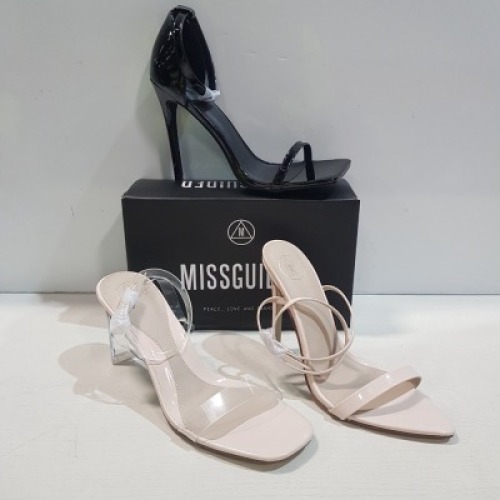 15 X MIXED MISSGUIDED WOMENS SHOES CONTAINING MID ILLUSION HEEL SANDAL IN CLEAR , SQUARE TOE PATENT HEELED SANDAL I IN BLACK , POINTED TOE PATENT BARELY THERE IN NUDE ALL IN SIZE 8 (NOTE - SOME HAVE SECURITY TAGS)
