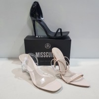 15 X MIXED MISSGUIDED WOMENS SHOES CONTAINING MID ILLUSION HEEL SANDAL IN CLEAR , SQUARE TOE PATENT HEELED SANDAL I IN BLACK , POINTED TOE PATENT BARELY THERE IN NUDE ALL IN SIZE 8 (NOTE - SOME HAVE SECURITY TAGS)